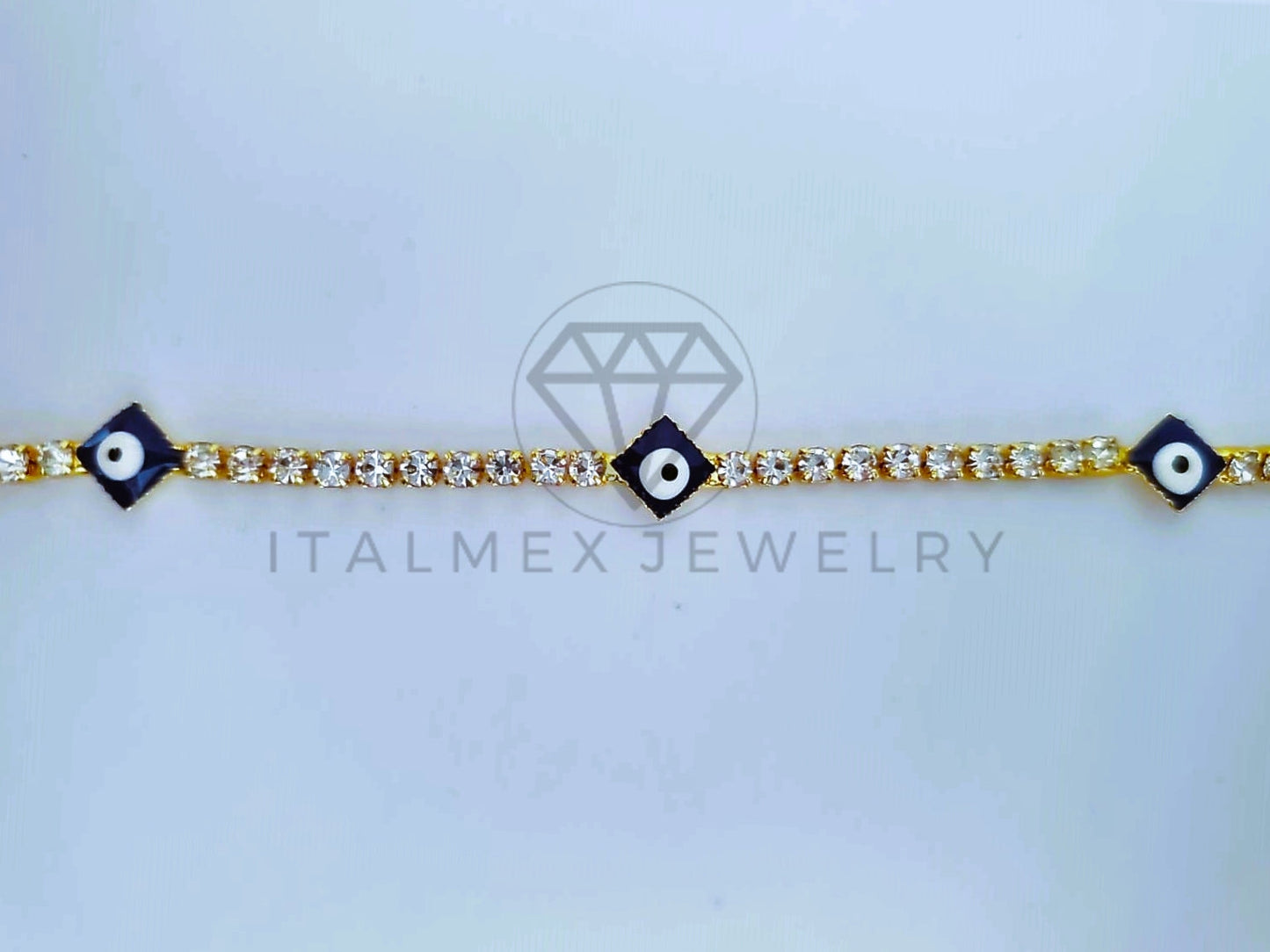 Pulsera Elegante - 103574 - Pulsera Tira CZ Clara y Ojo Turco Azul Oro Laminado 18K