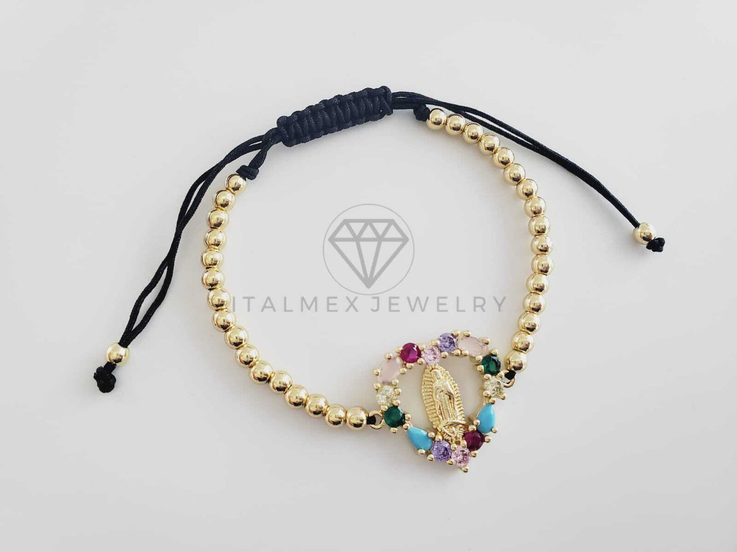 Pulsera de Lujo - 102680 - Diseño Bolitas con Virgen CZ Colores Oro Laminado 18K