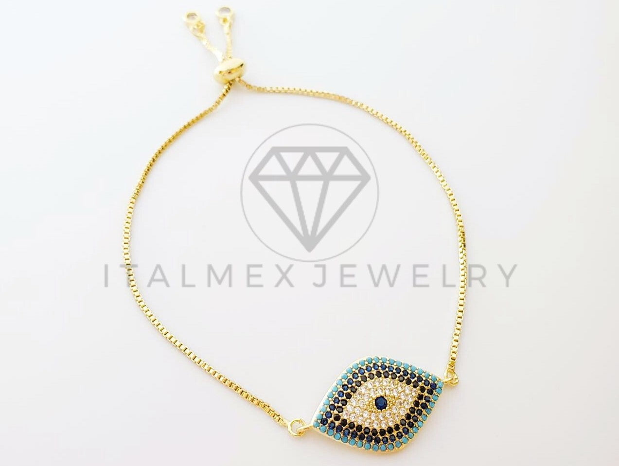 Pulsera Ajustable - 100341 - Diseño de Mal de Ojo CZ Azul Oro Laminado 18K