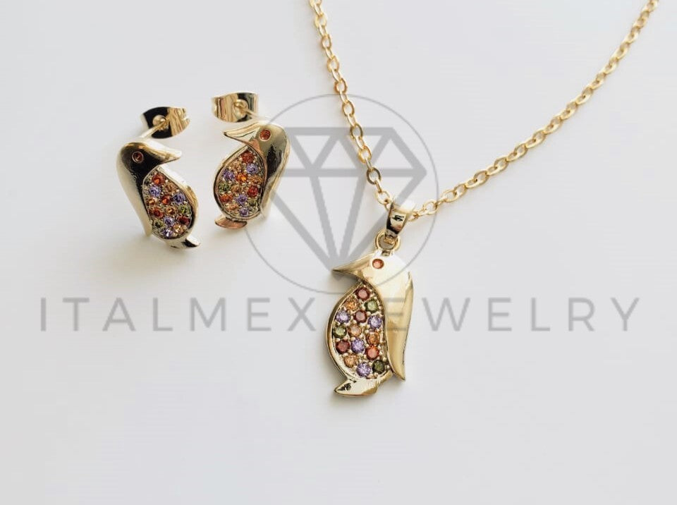 Juego de Lujo - 102131 - Diseño de Pingüinos CZ Color Oro Laminado 18K