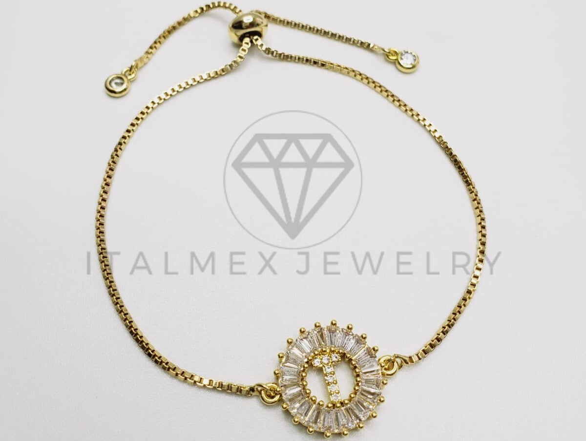 Pulsera Ajustable - 102556 - Diseño de Inicial "T" CZ Clara Oro Laminado 18K