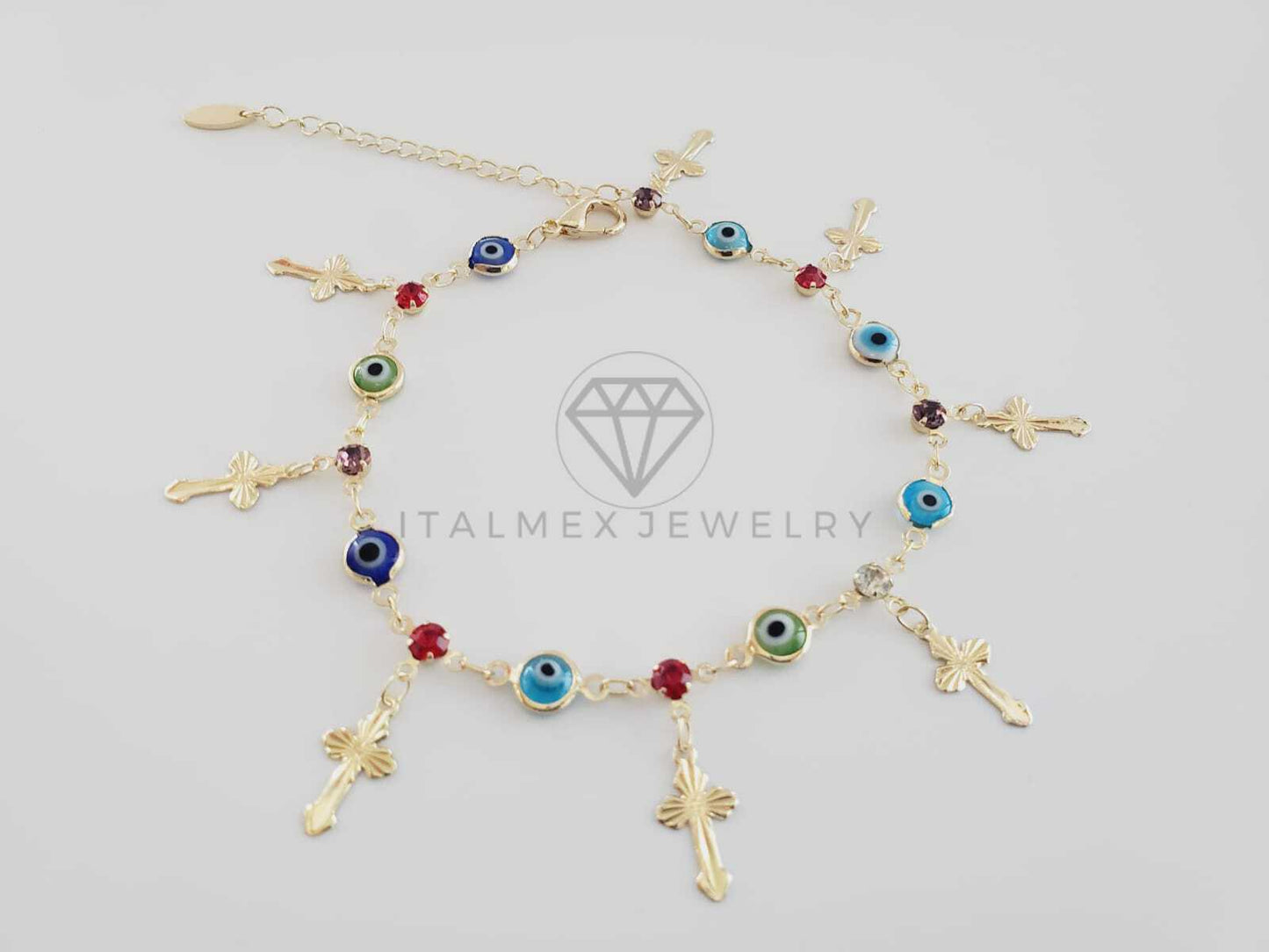 Tobillera Ajustable - 102669 - Diseño de Cruces y Ojo Turco con CZ de Colores Oro Laminado 18K