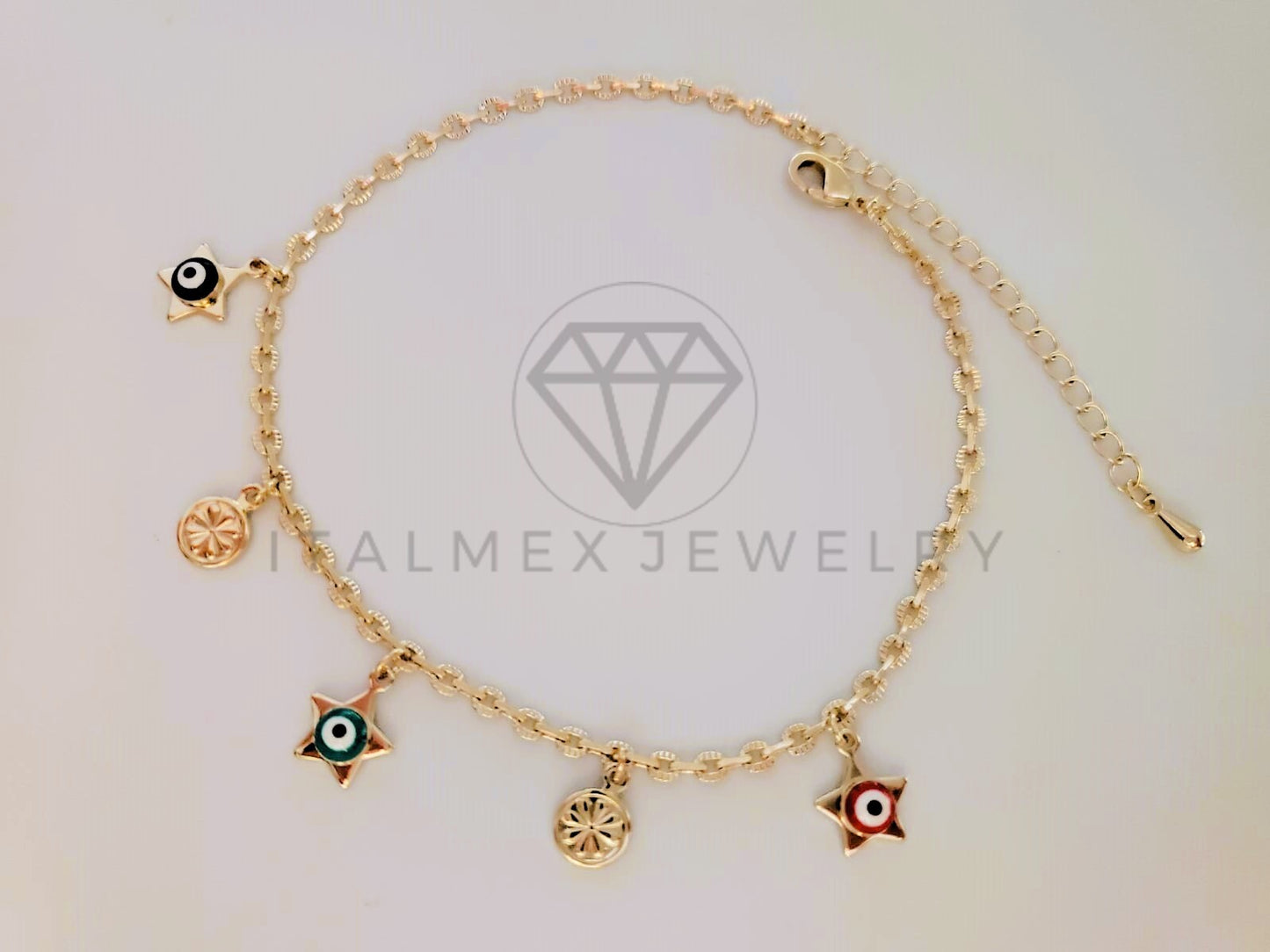Tobillera de Lujo - 105324 - Tobillera Ancla con Ojo Turco y Estrellas Colores Oro Laminado 18K