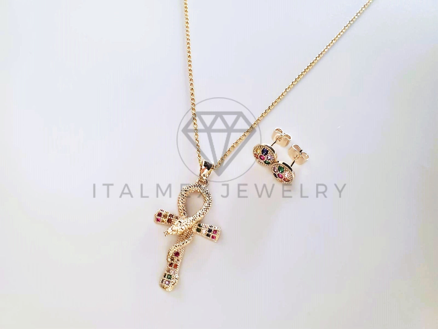 Juego de Lujo - 103791 - Diseño Cruz con Serpiente CZ Color Oro Laminado 18K