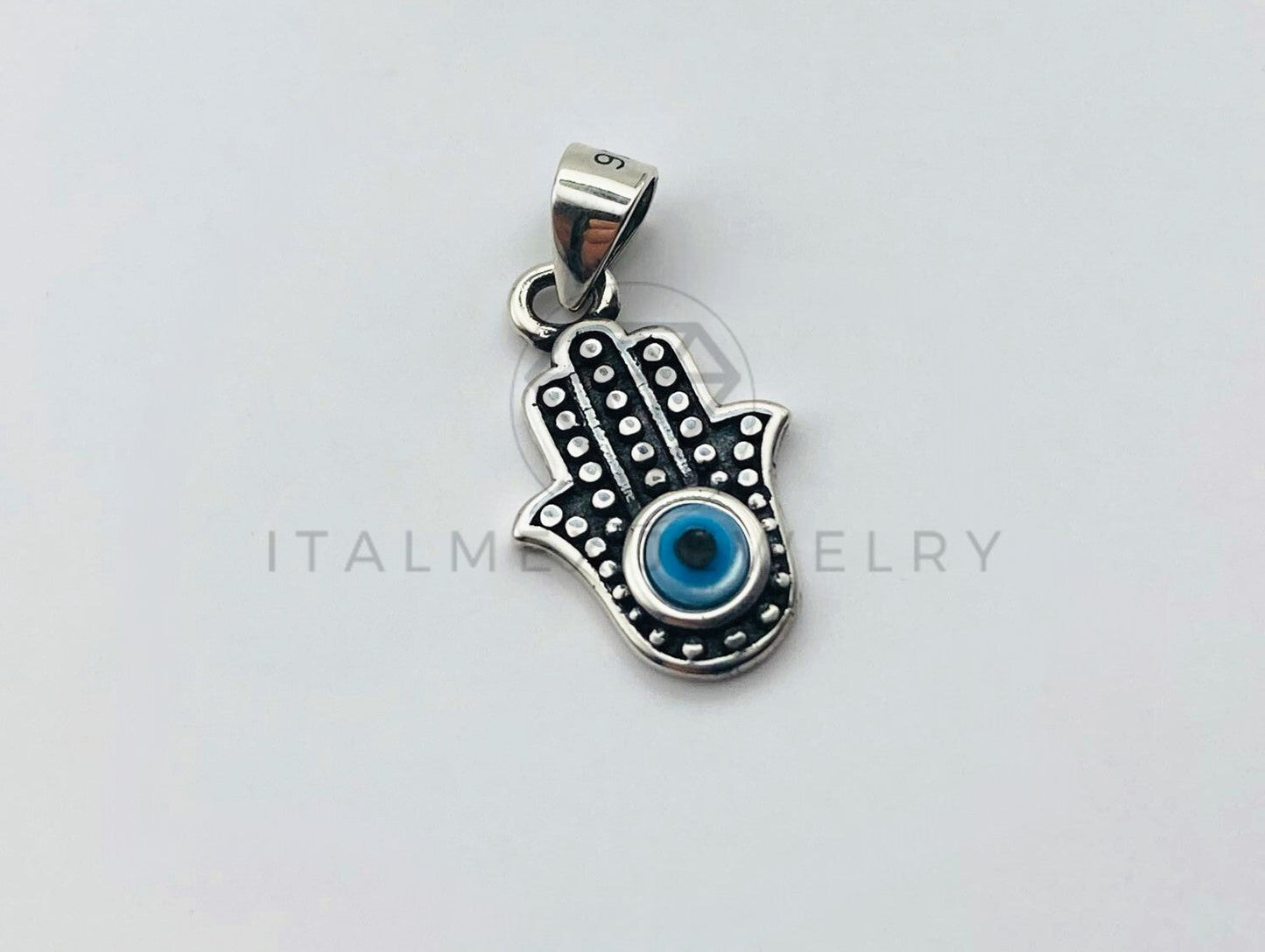 Dije No Religioso - 105934 - Diseño Mano Hamsa y Ojo Turco Azul Plata .925