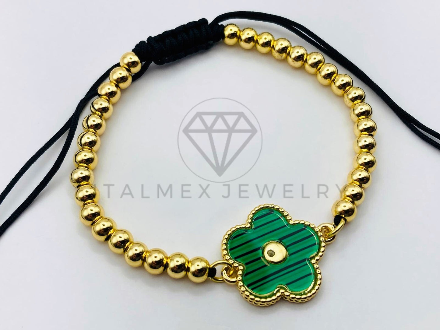 Pulsera Ajustable - 105960 - Diseño de Bola con Flor Verde Oro Laminado 18K