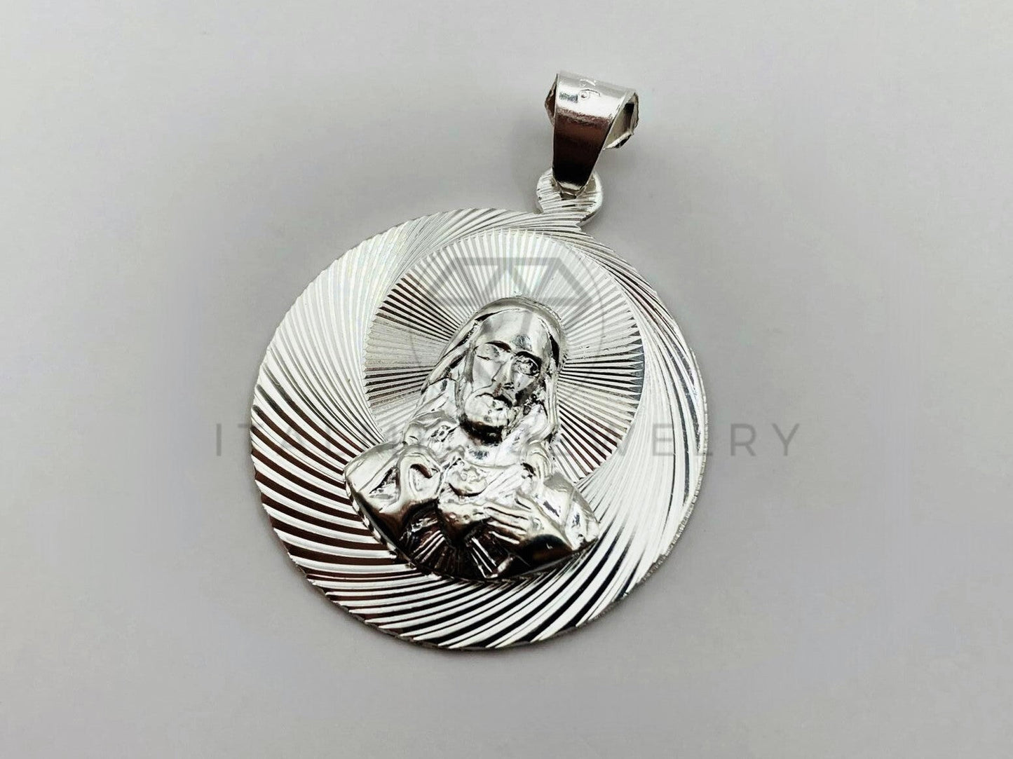 Dije Religioso - 102969 - Medalla Diamantada Sagrado Corazón Plata .925