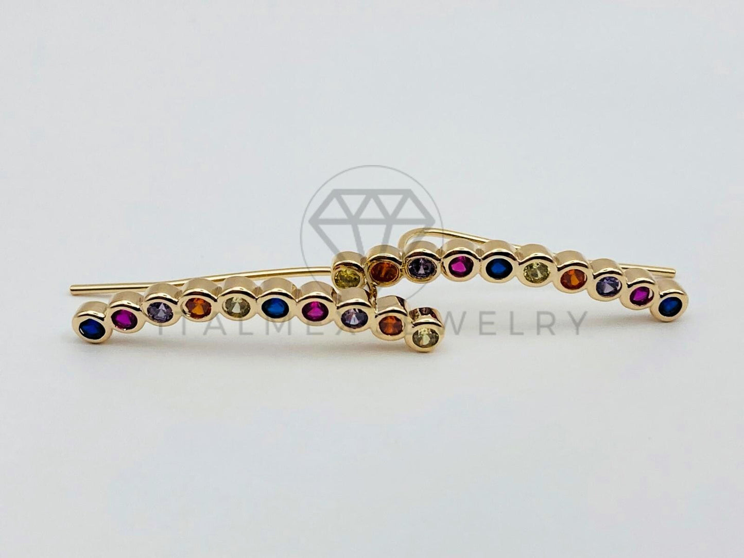 Arete de Lujo - 102073 - Diseño de Tira con Circonia de Colores Oro Laminado 18K