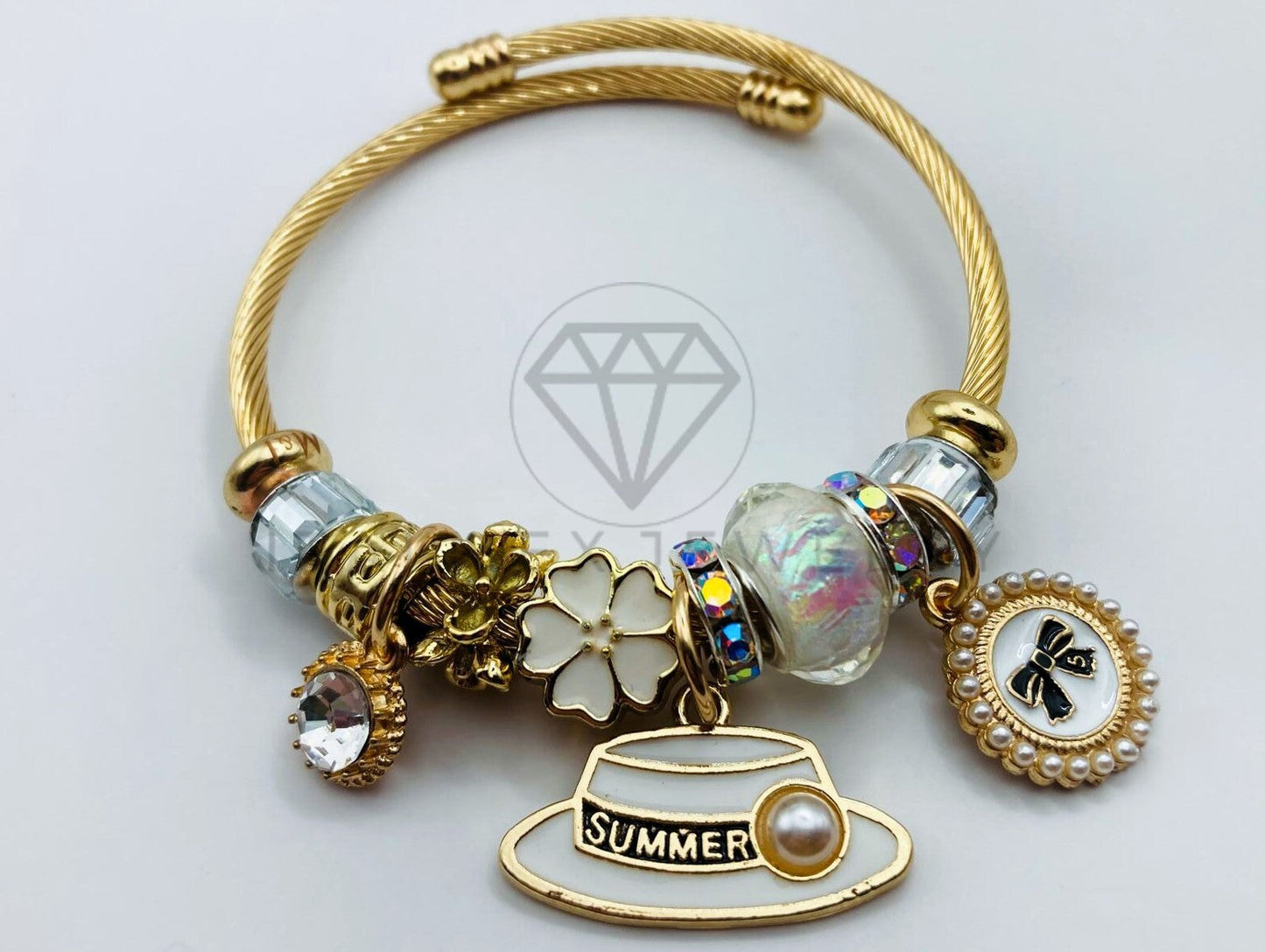 Pulsera de Lujo - 105842 - Pulsera PDR Sombreros y Moño Blanco Oro Laminado 18K