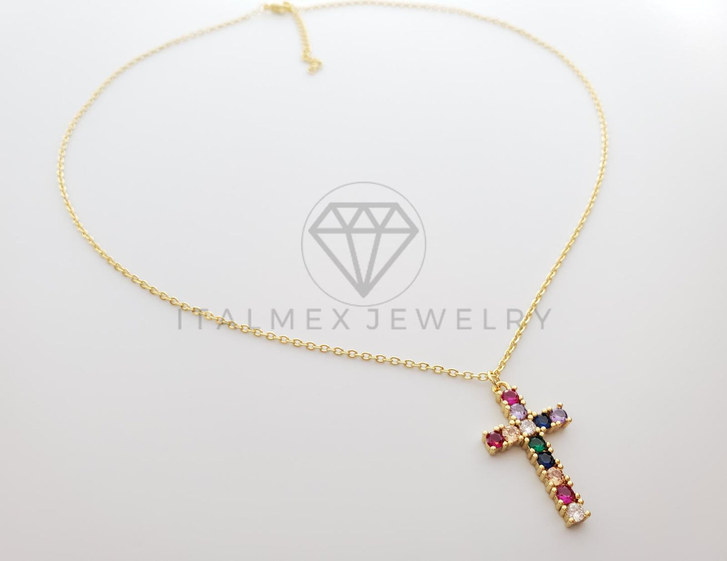 Collar Elegante - 100267 - Cruz con CZ Colores 20" Dorado Oro Laminado 18K