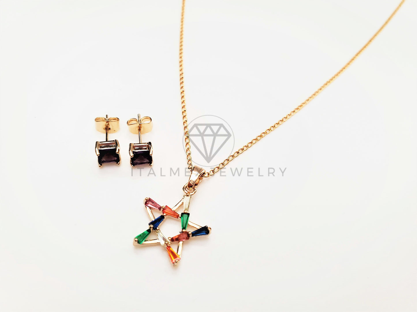 Juego de Lujo - 103408 - Diseño Estrella Baguette CZ Color Oro Laminado 18K