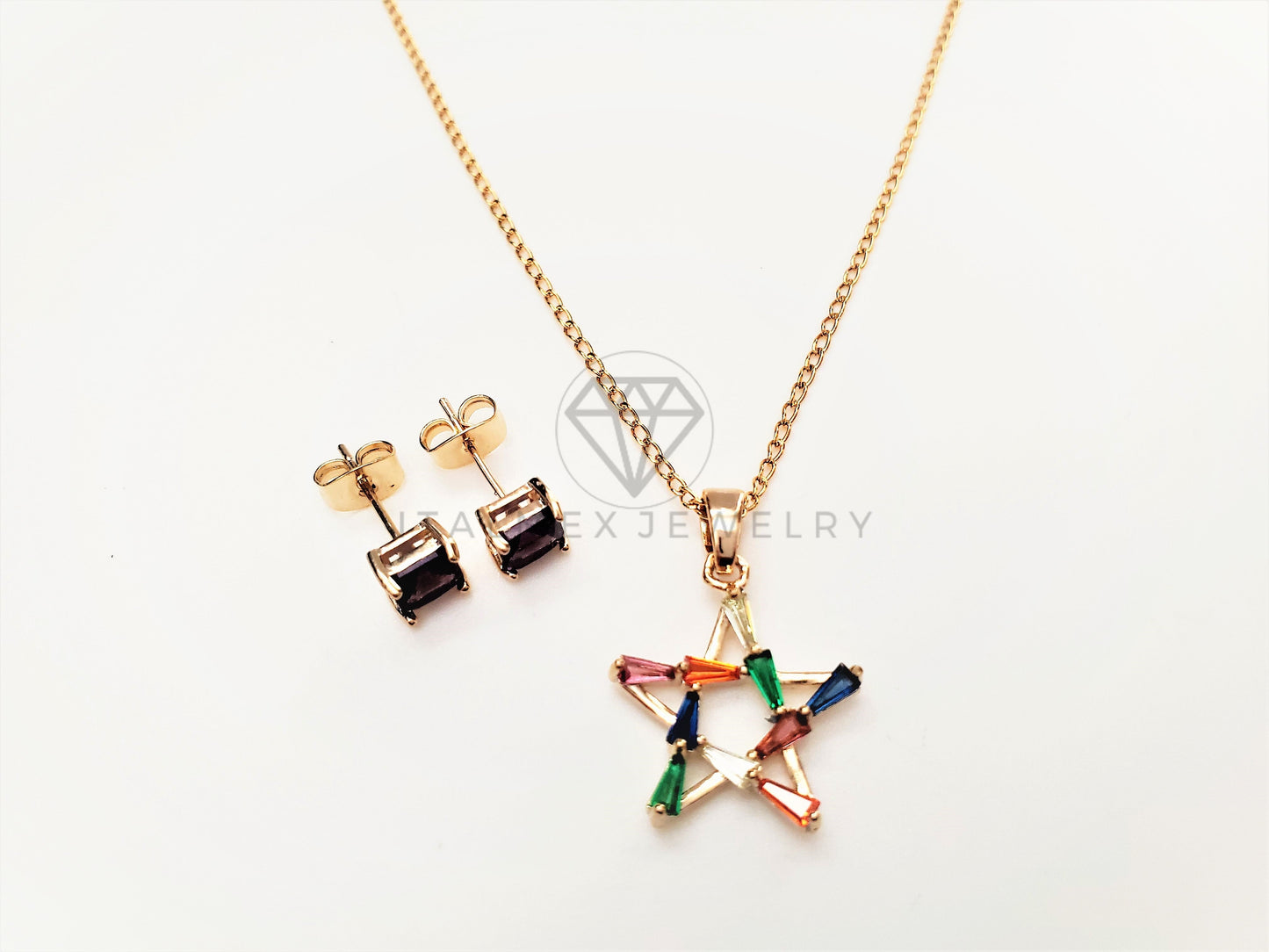 Juego de Lujo - 103408 - Diseño Estrella Baguette CZ Color Oro Laminado 18K