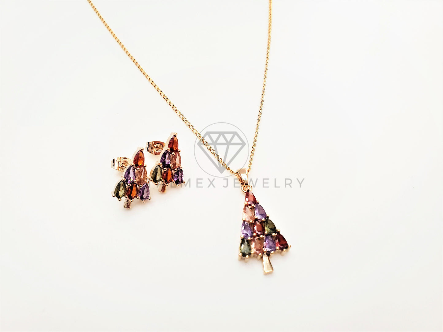 Juego de Lujo - 103412 - Diseño Pino de Navidad CZ Colores Oro Laminado 18K