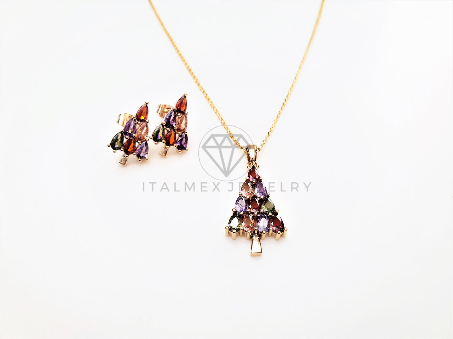 Juego de Lujo - 103412 - Diseño Pino de Navidad CZ Colores Oro Laminado 18K