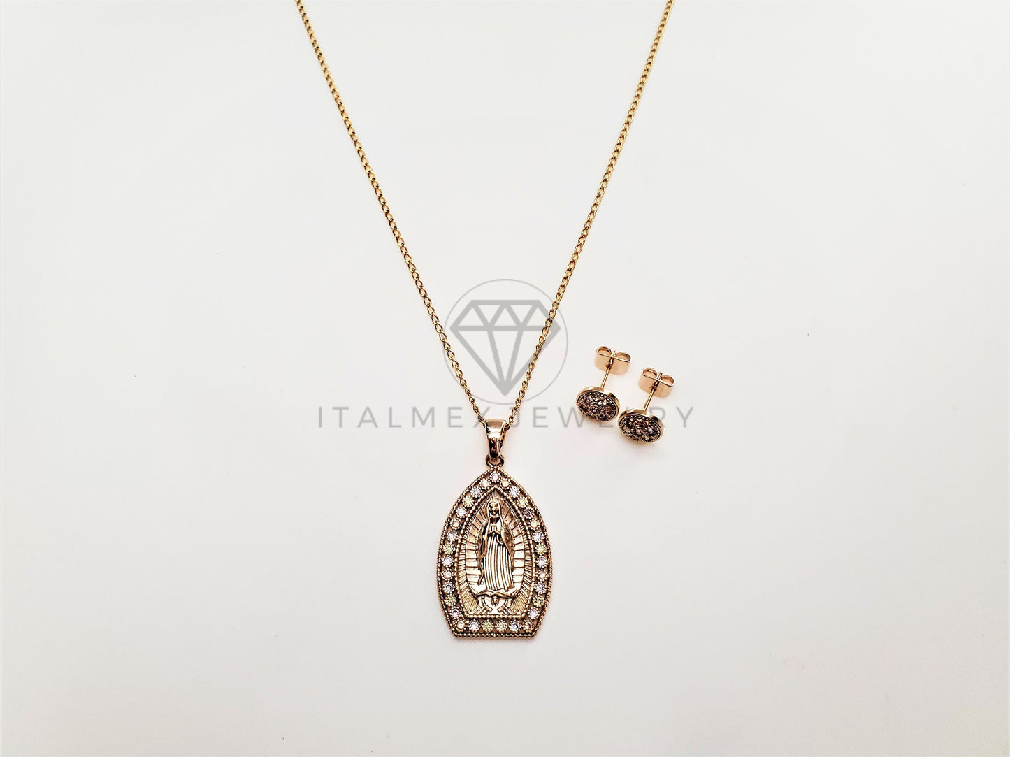 Juego de Lujo - 103413 - Diseño Virgen de Guadalupe CZ Colores Oro Laminado 18K