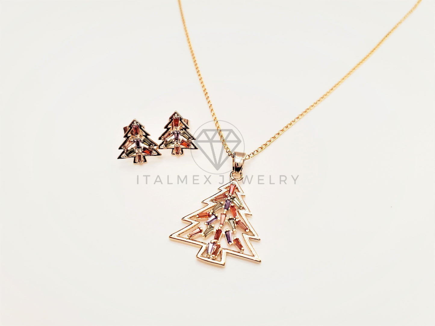 Juego de Lujo - 103415 - Diseño Arbol de Navidad CZ Colores Oro Laminado 18K