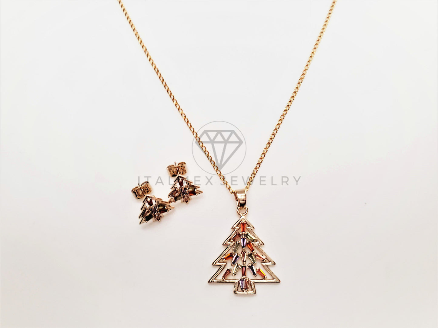 Juego de Lujo - 103415 - Diseño Arbol de Navidad CZ Colores Oro Laminado 18K