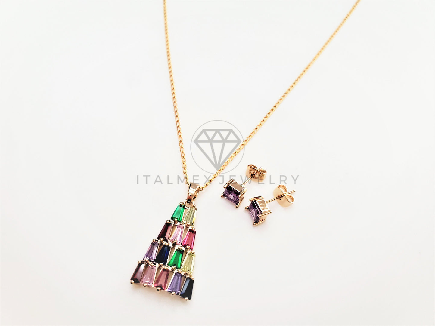 Juego de Lujo - 103420 - Diseño Arbolito de Navidad CZ Colores Oro Laminado 18K