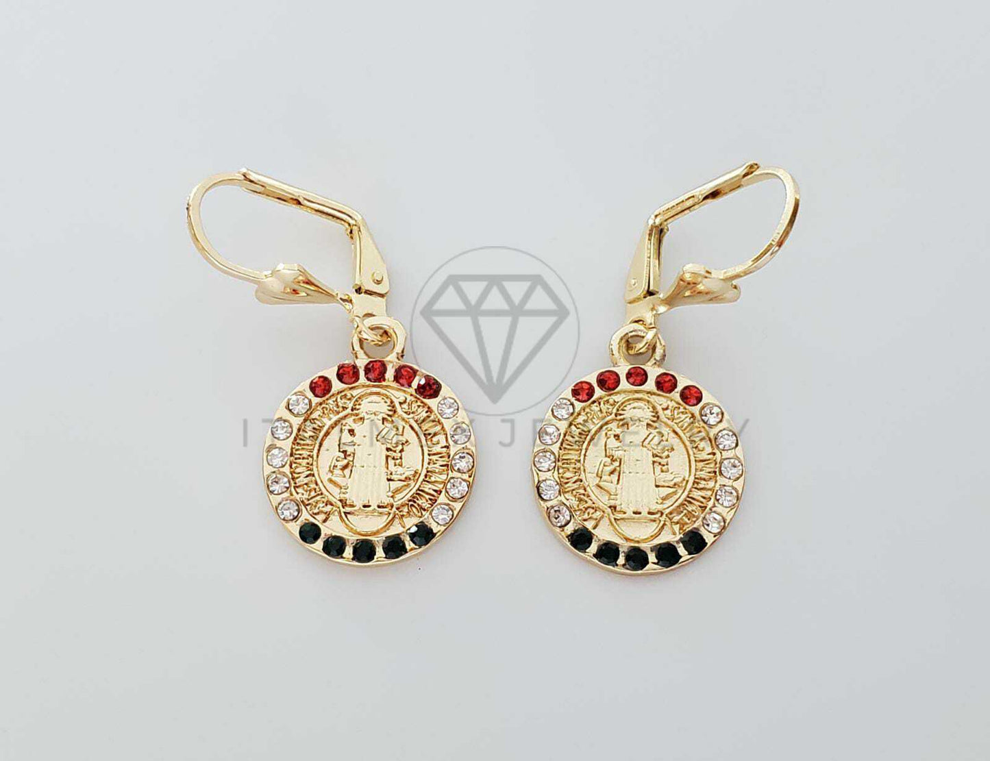 Arete Elegante - 100734 - Diseño de San Benito con CZ Tricolor Oro Laminado 18K