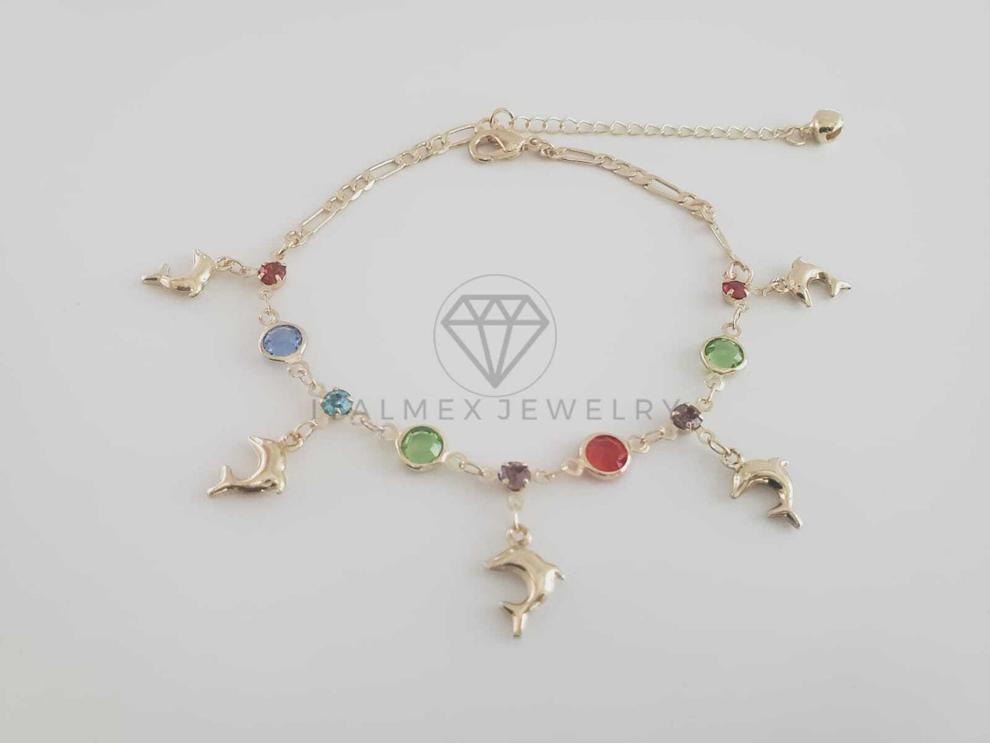 Tobillera Ajustable - 102700 - Diseño de Delfines con CZ Colores Oro Laminado 18K