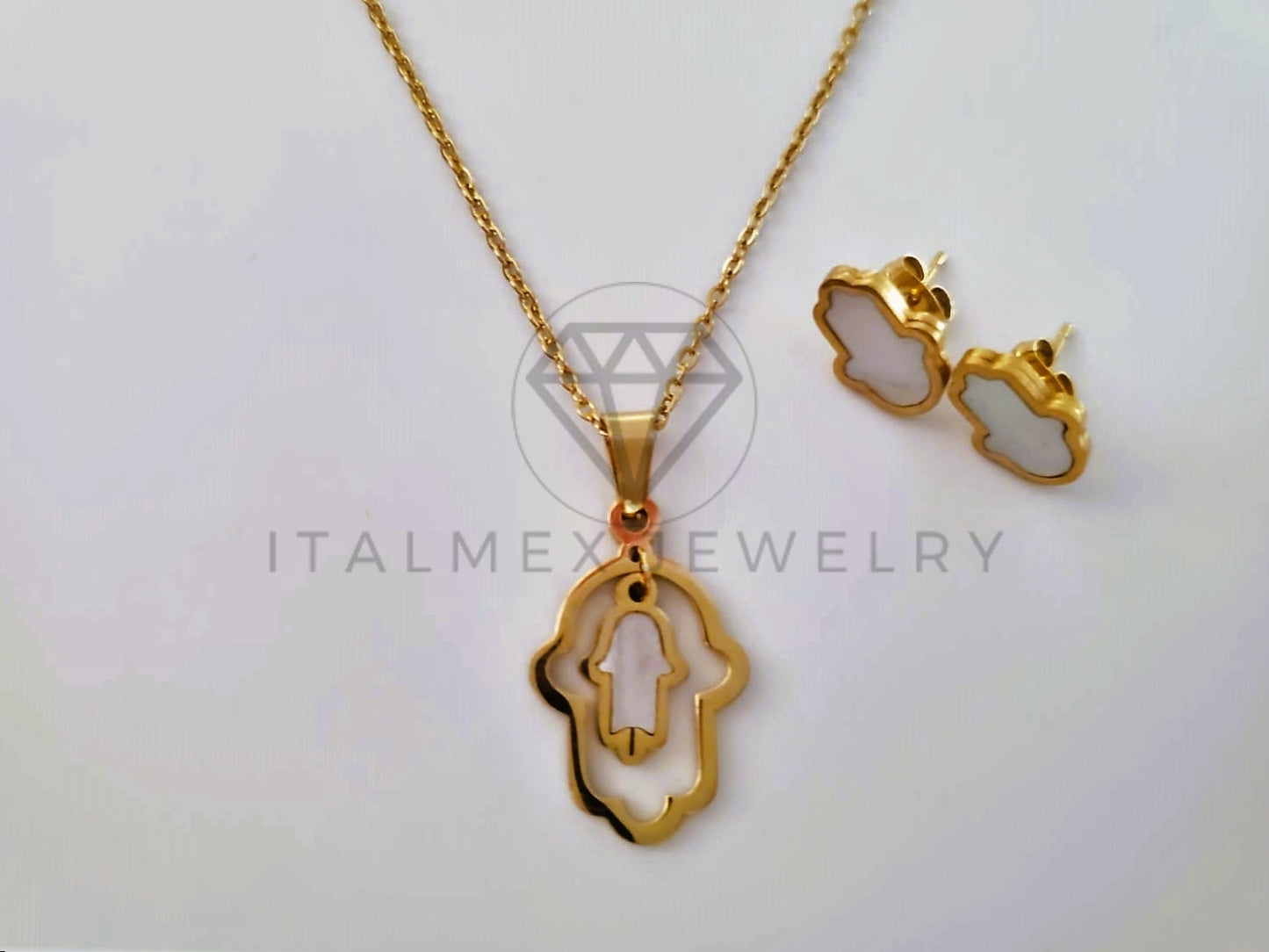 Juego de Lujo - 103955 - Diseño Mano Hamsa Perla Madre Oro Laminado 18K