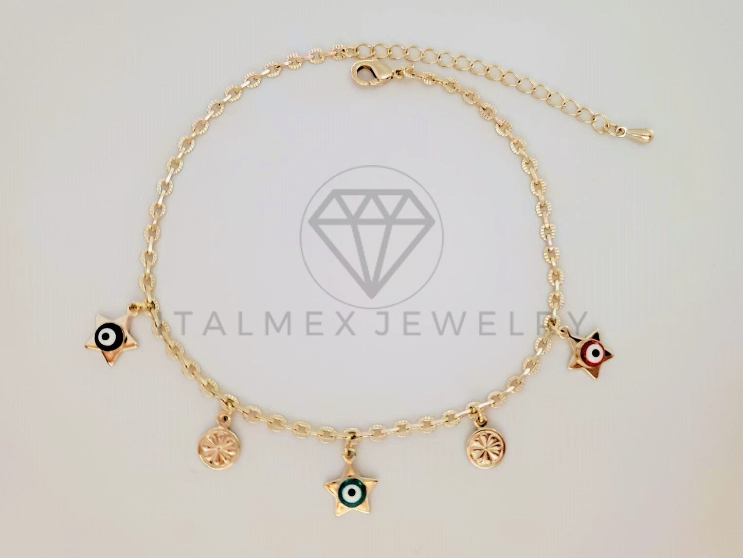 Tobillera de Lujo - 105324 - Tobillera Ancla con Ojo Turco y Estrellas Colores Oro Laminado 18K