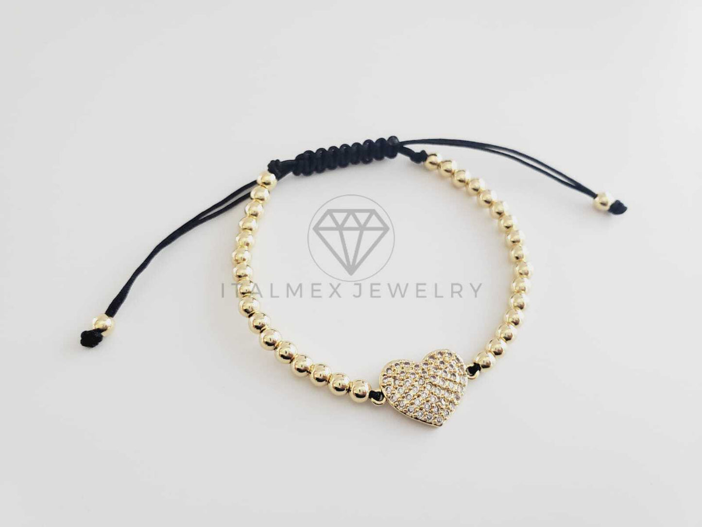 Pulsera de Lujo - 102681 - Diseño Bolitas con Corazón CZ Clara Oro Laminado 18K