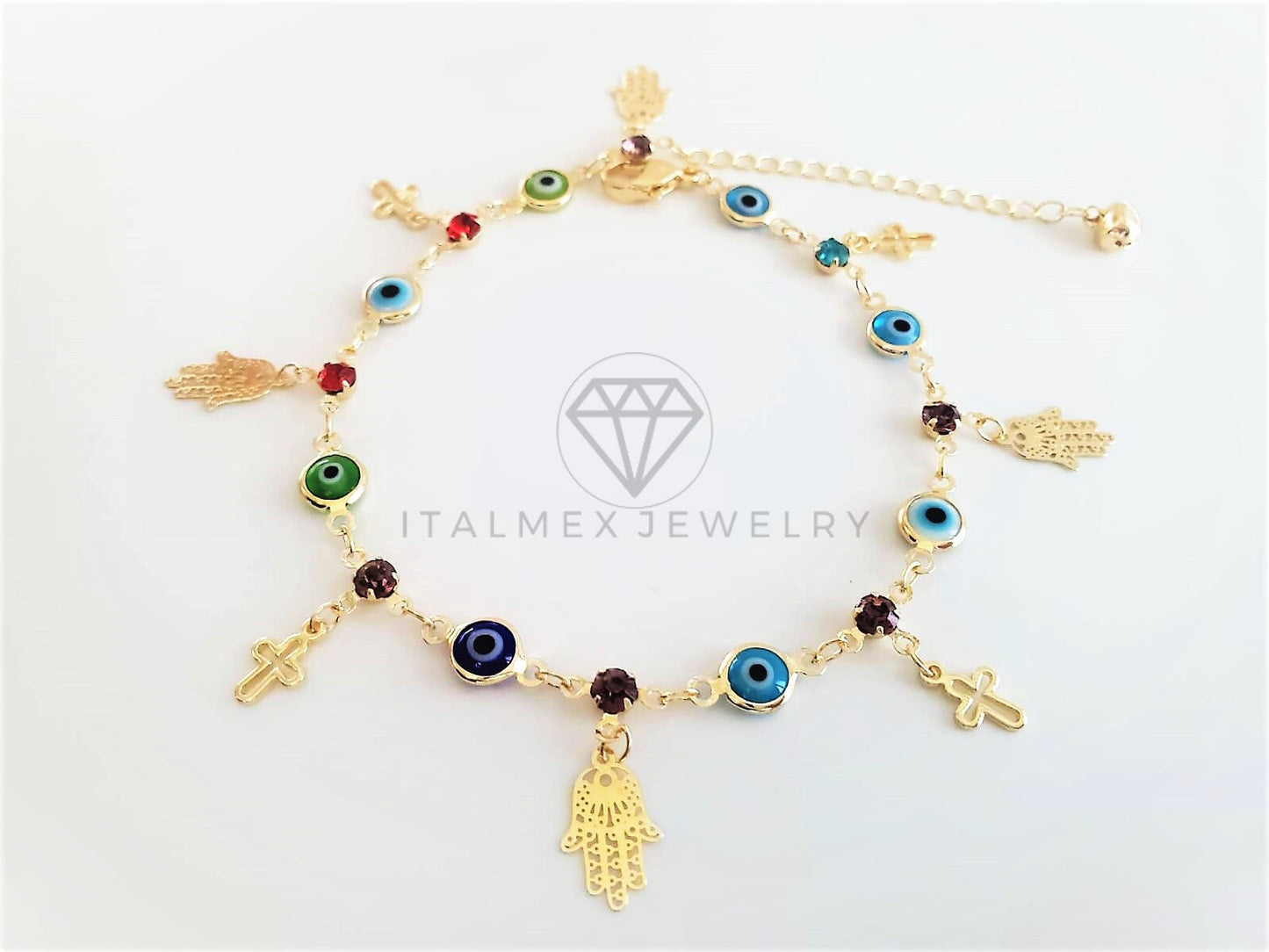 Tobillera Ajustable - 102704 - Diseño de Mano Hamsa y Cruz con CZ Color Oro Laminado 18K