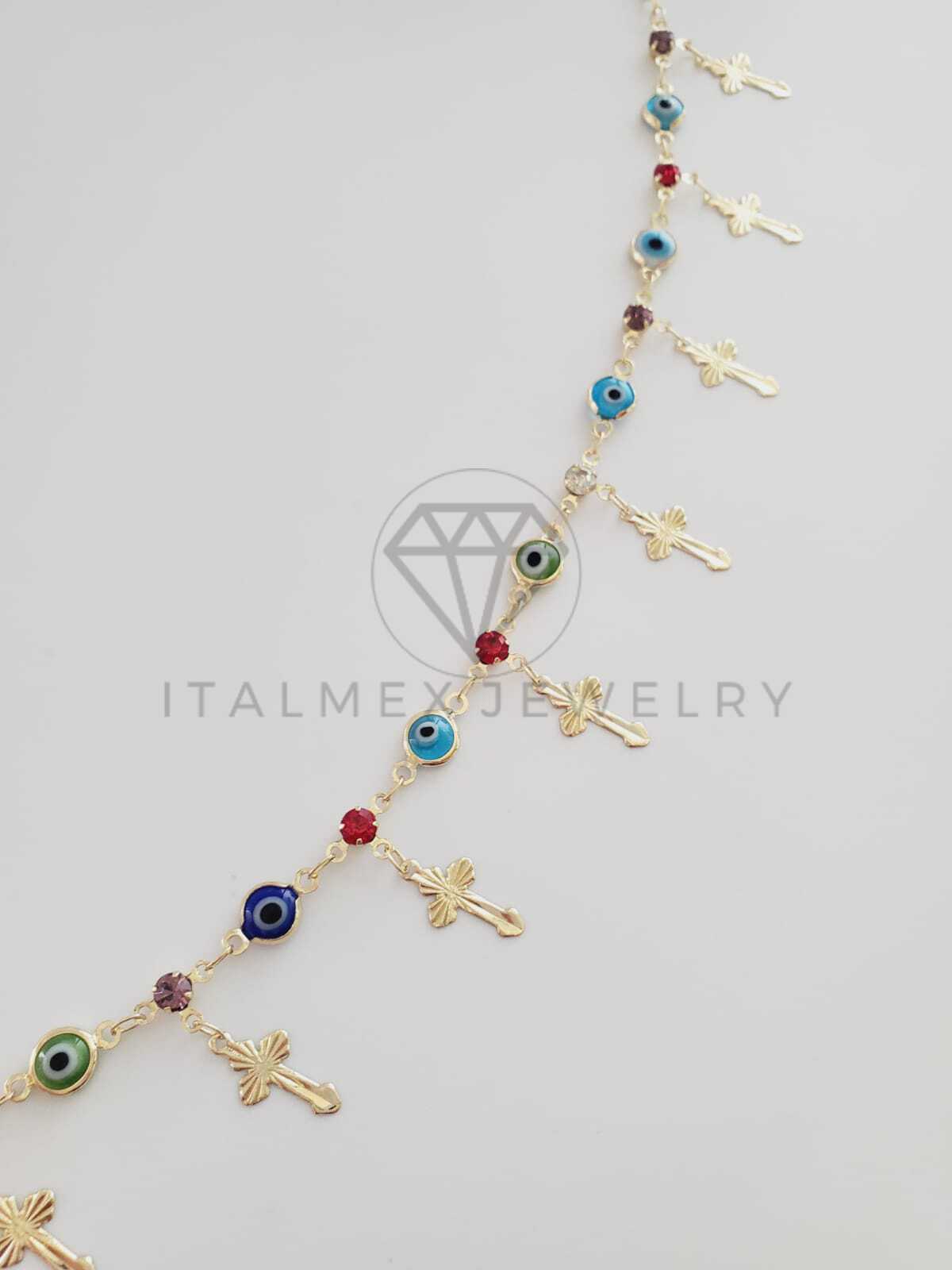 Tobillera Ajustable - 102669 - Diseño de Cruces y Ojo Turco con CZ de Colores Oro Laminado 18K