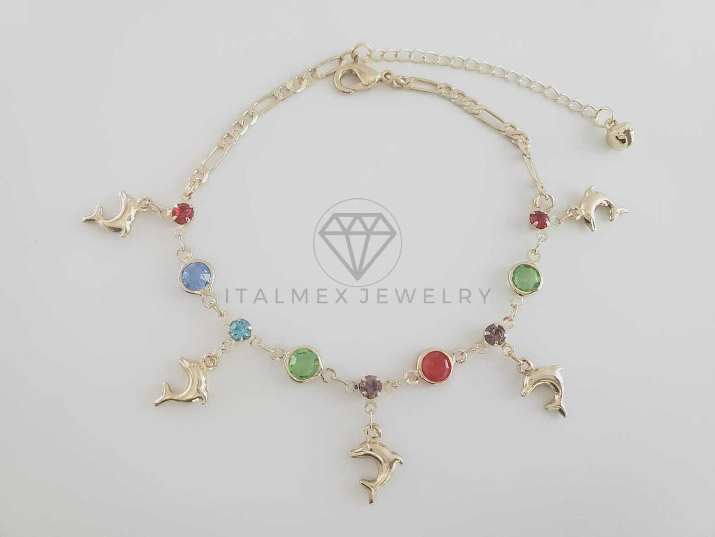 Tobillera Ajustable - 102700 - Diseño de Delfines con CZ Colores Oro Laminado 18K