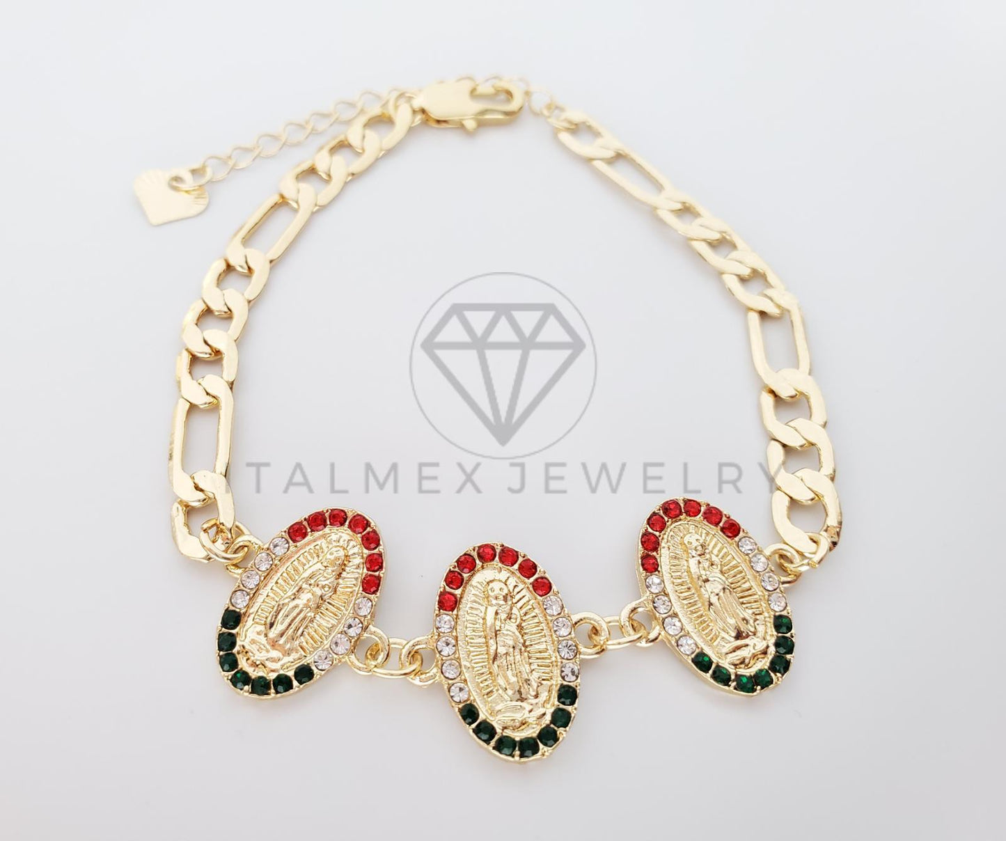 Pulsera Elegante - 100182 - Diseño de Virgen de Guadalupe Con CZ Tricolor Oro Laminado 18K