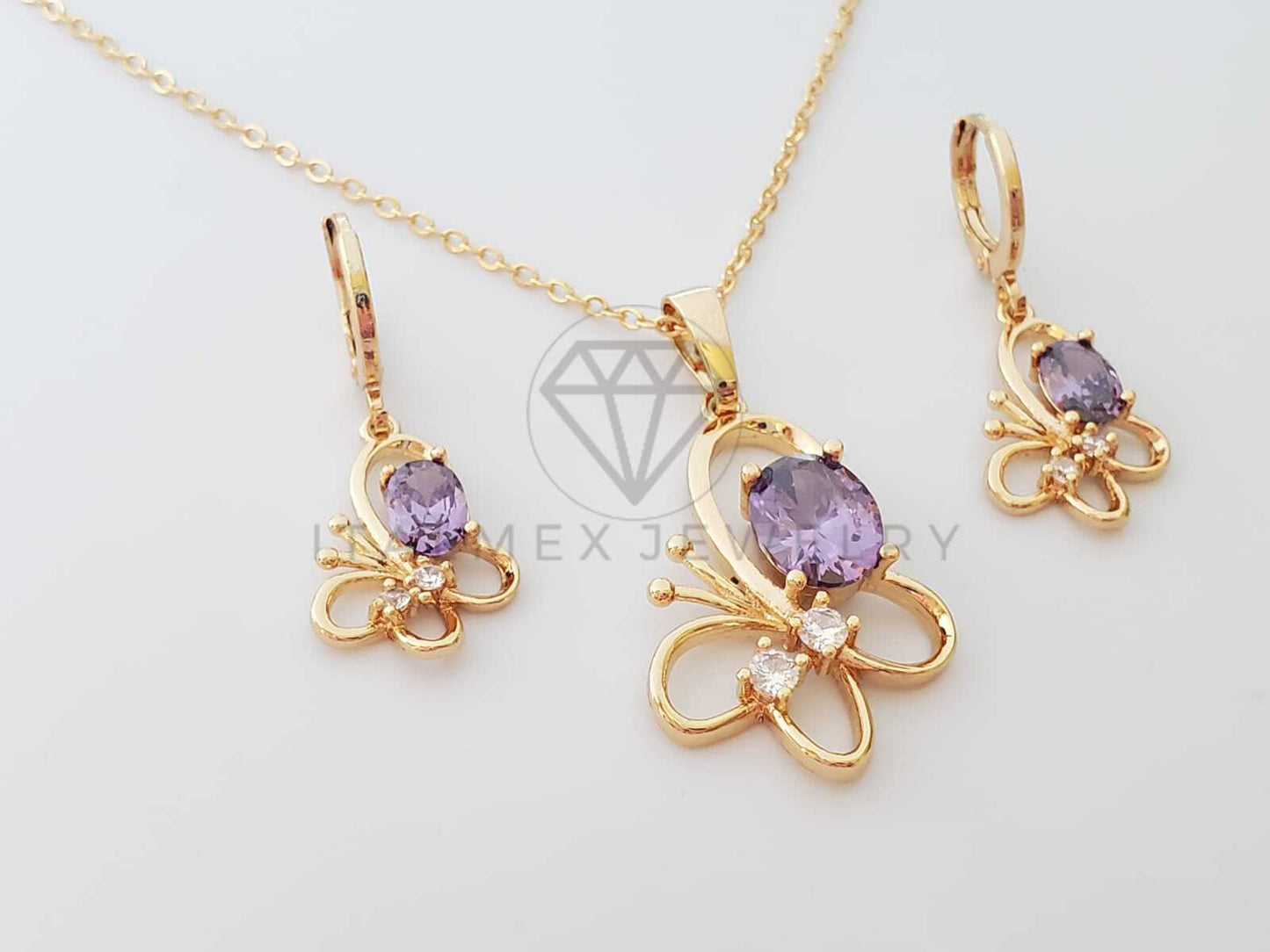 Juego de Lujo - 100648 - Diseño de Mariposa CZ Color Morada Oro Laminado 18K