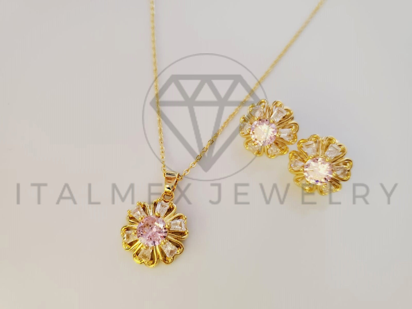 Juego de Lujo - 105111 - Diseño de Flores con Circonia Rosa Oro Laminado 18K