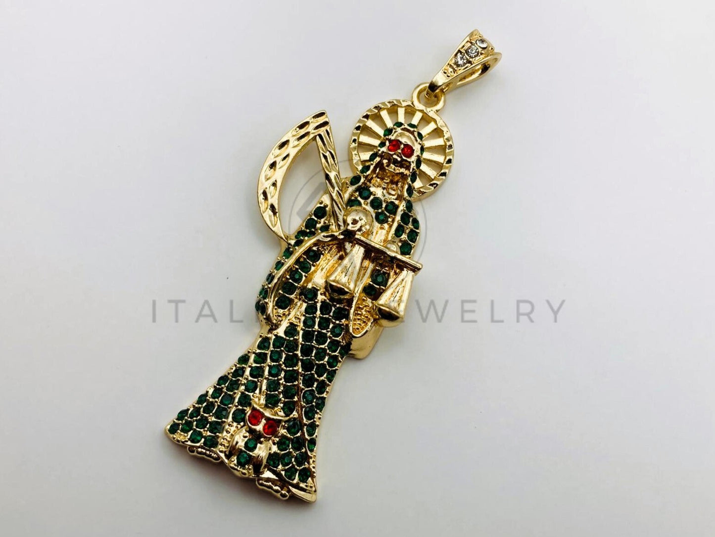 Dije de Lujo - 105661 - Dije Santa Muerte Circonia Verde Grande Oro Laminado 18K
