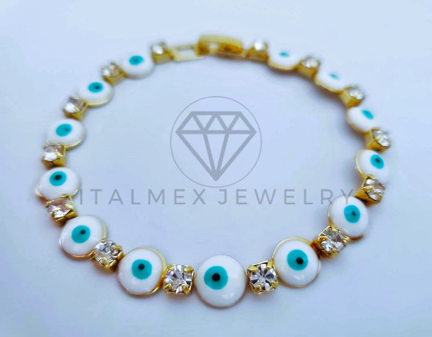 Pulsera Elegante - 103573 - Pulsera Ojo Turco Blanco y CZ Clara Oro Laminado 18K