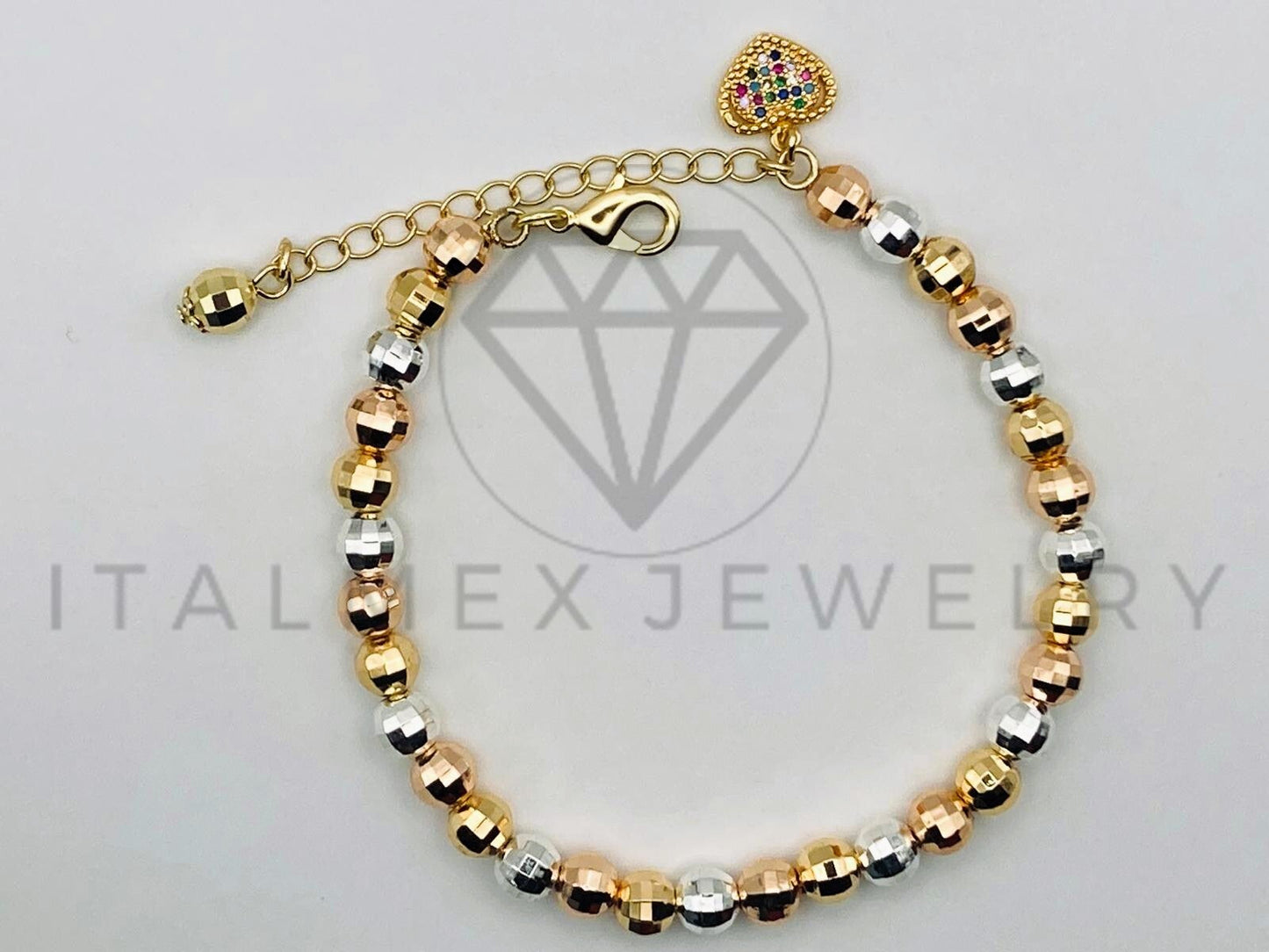 Pulsera de Lujo - 105546 - Bolitas Diamantadas con Corazón y Circonia Oro Laminado 18K