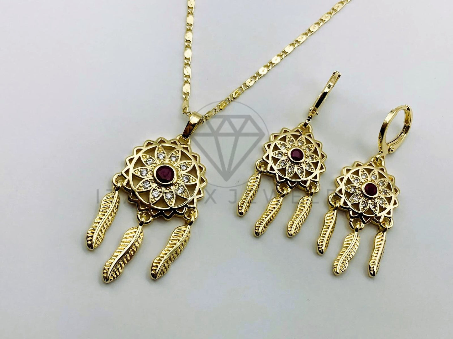 Juego de Lujo - 105624 - Juego Atrapa Pesadillas con Circonia Roja Oro Laminado 18K
