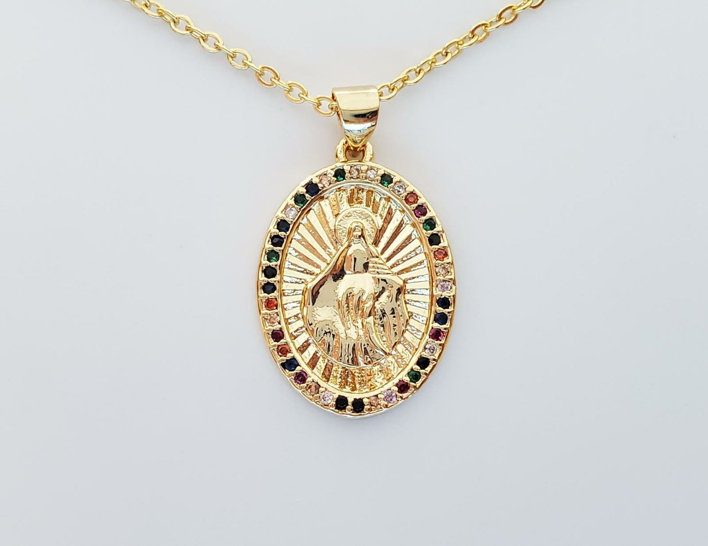 Virgin Guadalupe Medal with Colorful CZ | 18K Gold-Plated Necklace
