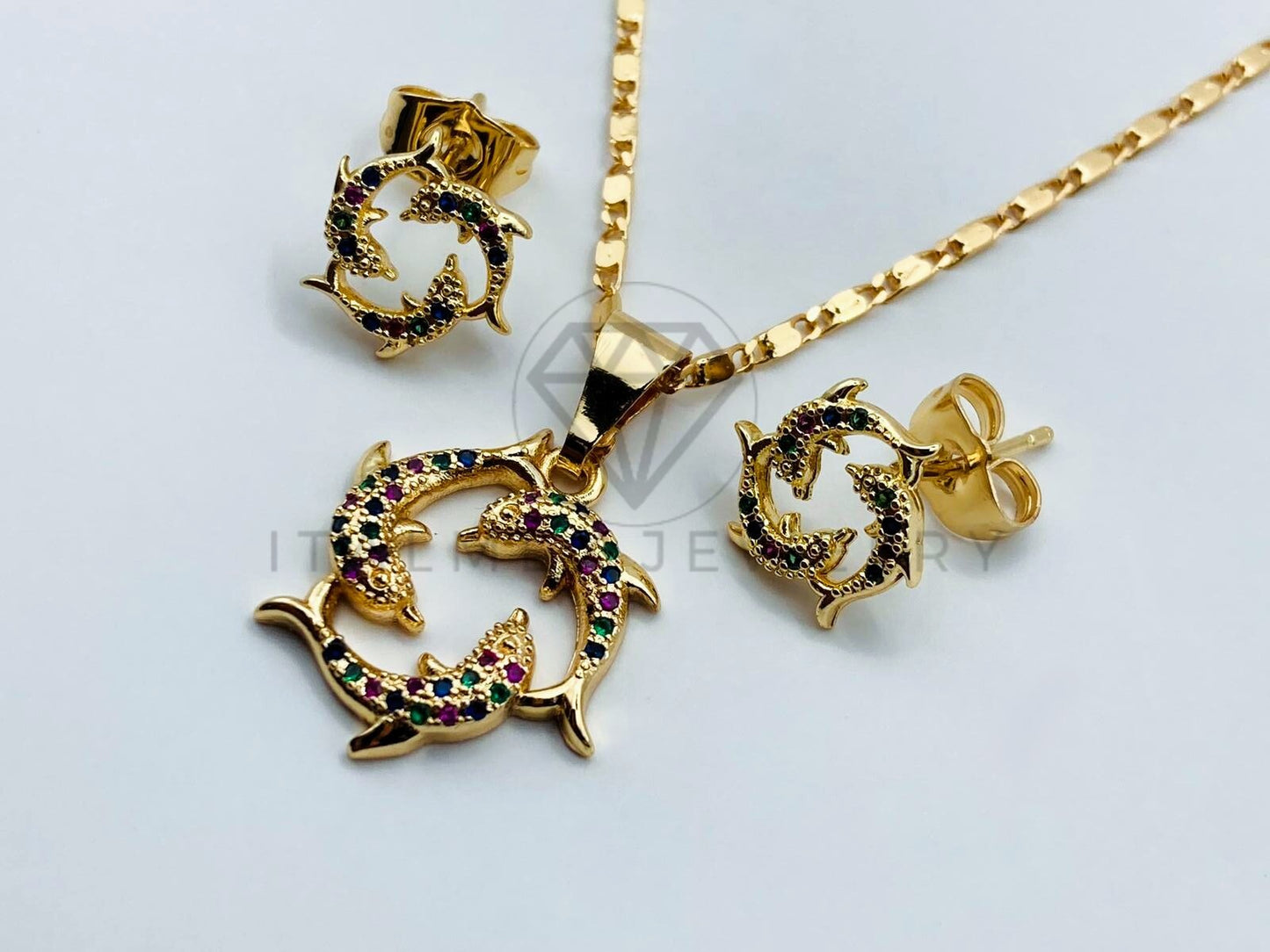 Juego de Lujo - 105869 - Juego Delfines Aro Circonia Colores Oro Laminado 18K