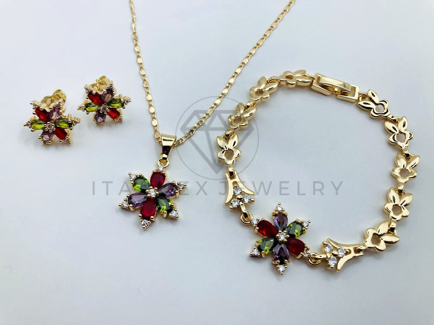 Juego de Lujo - 105880 - Juego con Pulsera de Flor Circonia Color Oro Laminado 18K