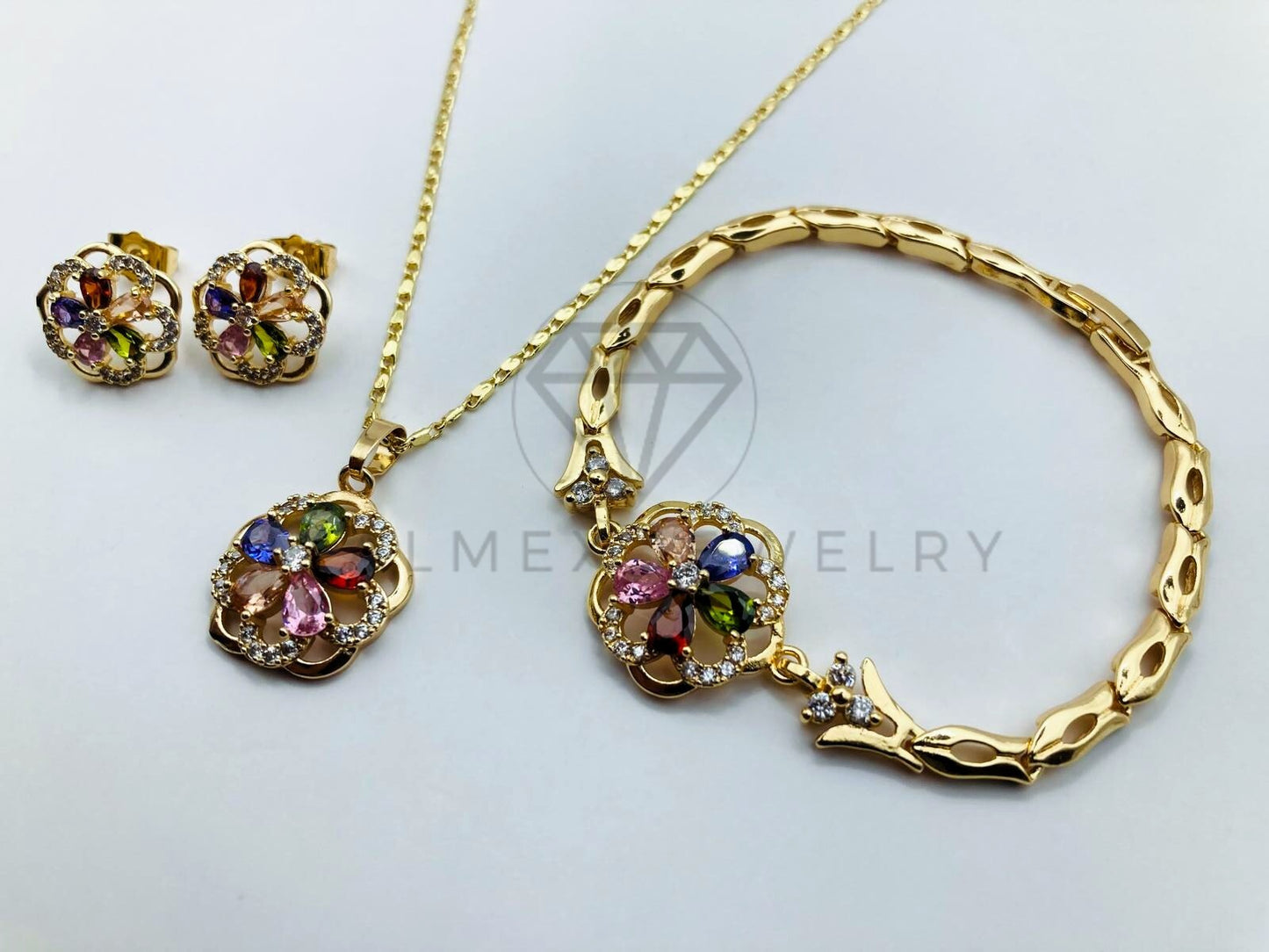 Juego de Lujo - 105881 - Juego con Pulsera de Flor Biselada Circonia Color Oro Laminado 18K