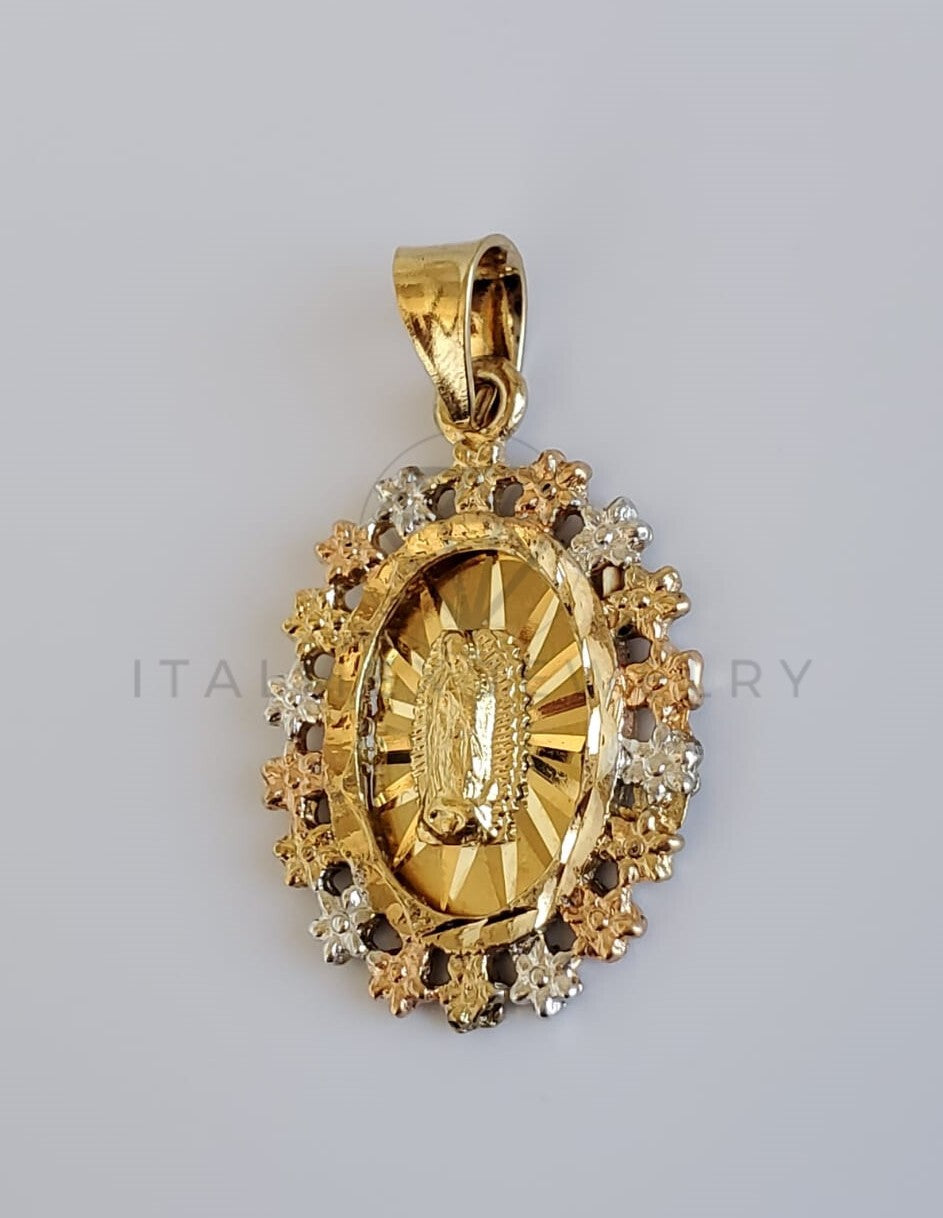 Dije Religioso - 100400 - Medalla de Virgen Diamantada con Bisel de Flores Tamaño Chico Oro Laminado 18K