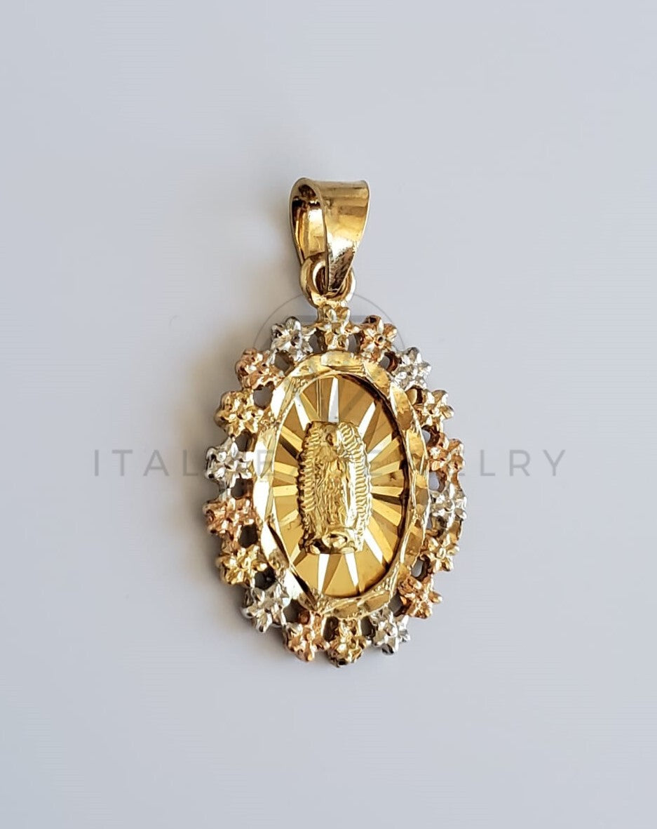 Dije Religioso - 100400 - Medalla de Virgen Diamantada con Bisel de Flores Tamaño Chico Oro Laminado 18K