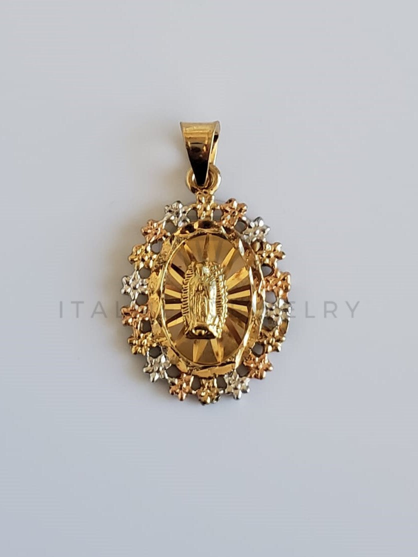 Dije Religioso - 100400 - Medalla de Virgen Diamantada con Bisel de Flores Tamaño Chico Oro Laminado 18K