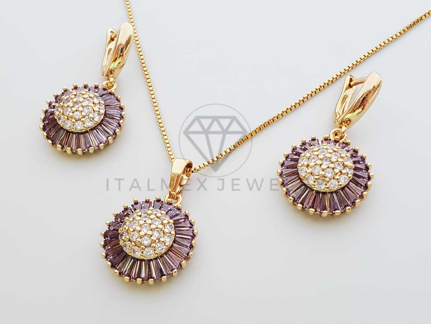Juego de Lujo - 100639 - Diseño de CZ Baguette Color Morada Oro Laminado 18K