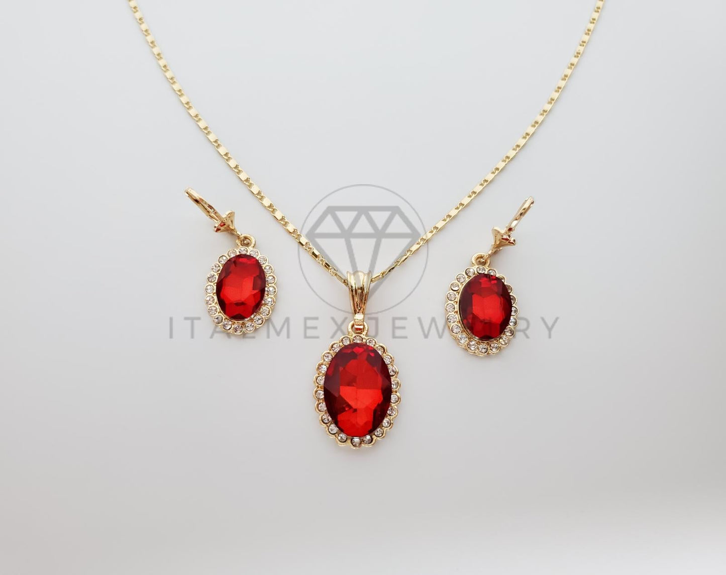 Juego de Lujo - 100633 - Diseño de CZ Oval Roja Oro Laminado 18K