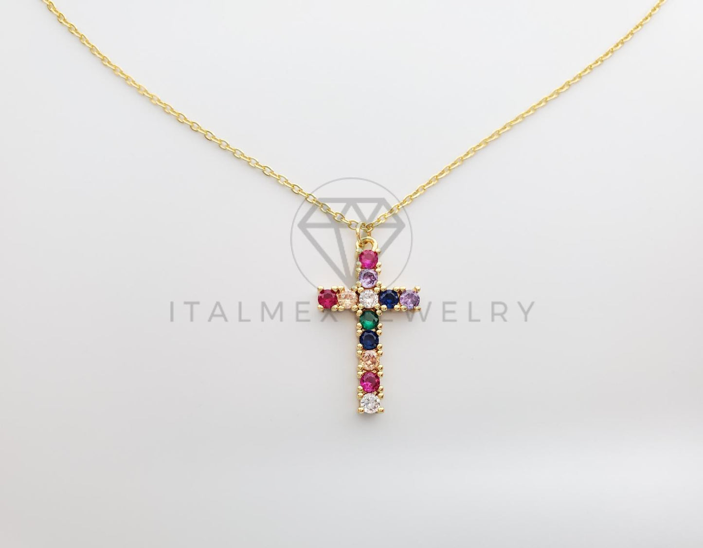 Collar Elegante - 100267 - Cruz con CZ Colores 20" Dorado Oro Laminado 18K
