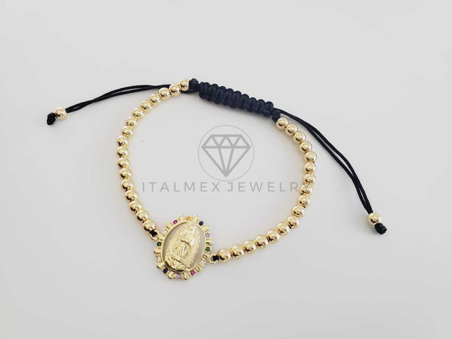 Pulsera de Lujo - 102682 - Diseño Bolitas con Virgen CZ Color Oro Laminado 18K