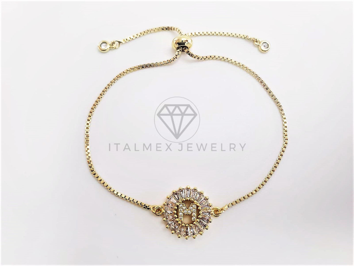 Pulsera Ajustable - 102638 - Diseño de Inicial "M" CZ Clara Oro Laminado 18K