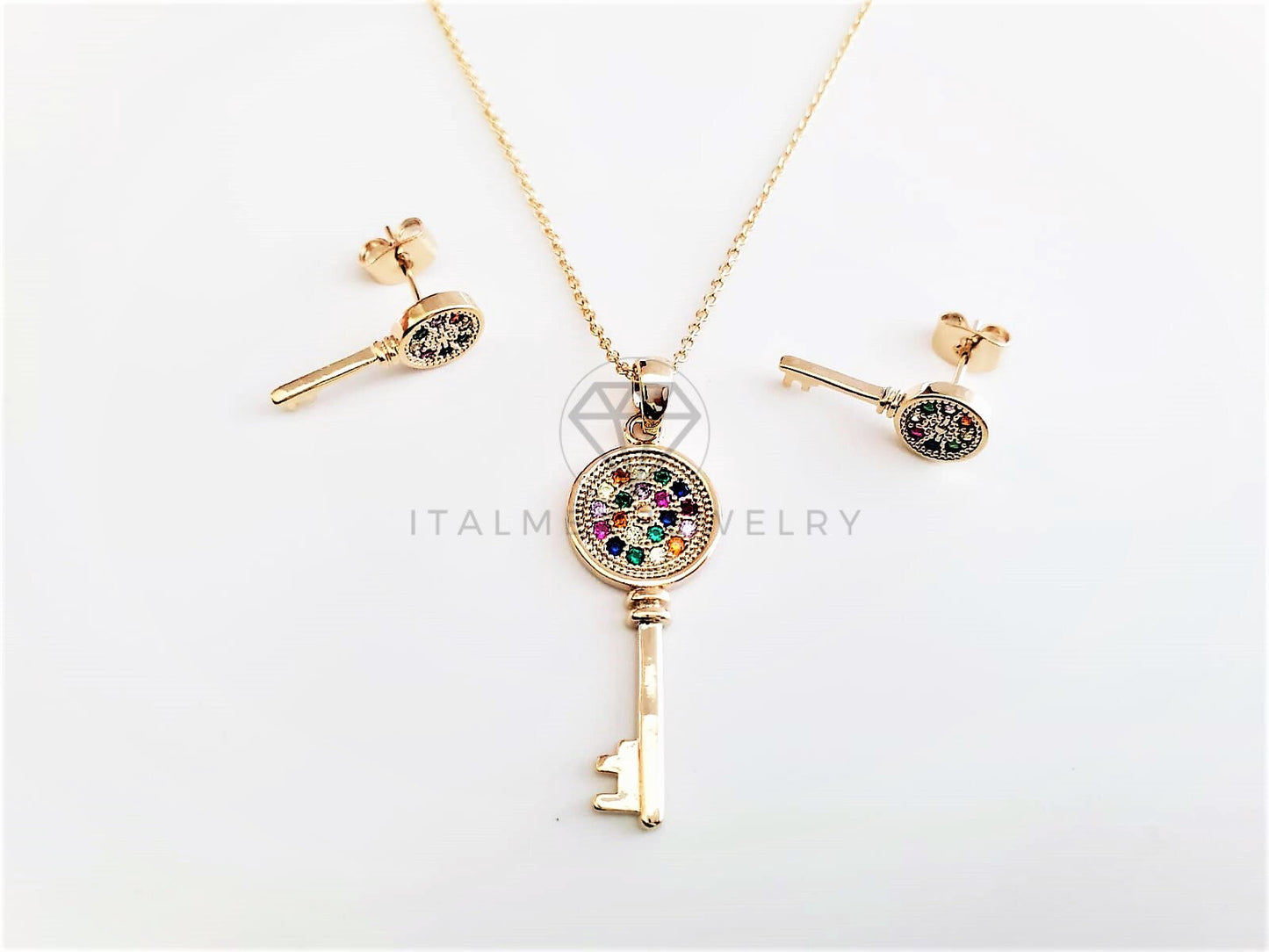 Juego de Lujo - 103048 - Diseño Llave CZ Colores Oro Laminado 18K